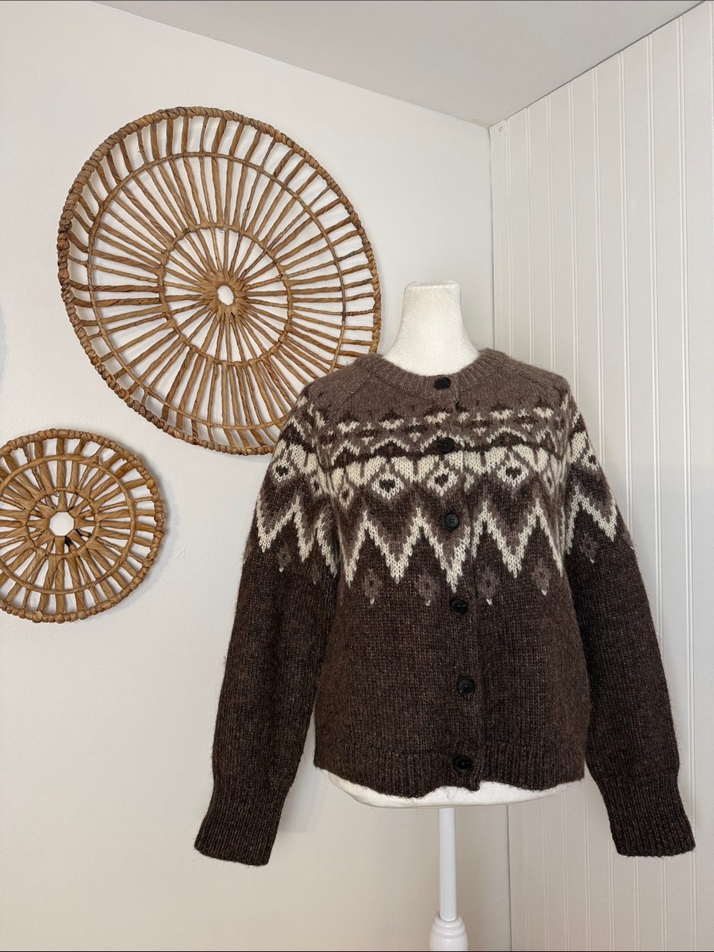 GAP Brown and Cream Fair Isle Button-Up Cardigan - Picture 10 of 15
